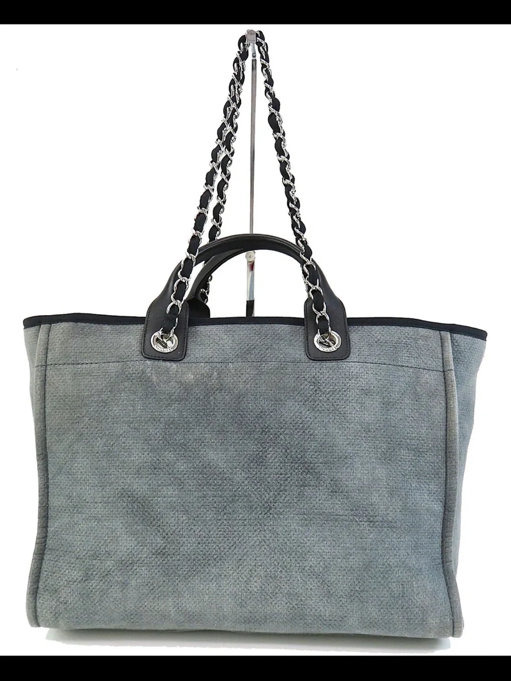 CHANEL Gray Canvas Tote with Chain-Interlaced Leather Straps